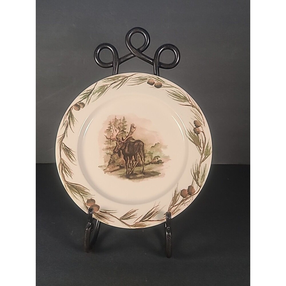 Big Sky Carvers Woodland Moose Dinner Plate Lodge Cabin Stoneware Pinecones